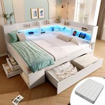 Sofa-lova 140x200 cm Balta Dvigulė svečių lova, Medžio pagrindo, LED apšvietimas, USB ir Type-C įkrovimas, Lentynos ir stalčiai, įsk.. Lamelinis rėmas (Su čiužiniu) 223 x 162 x 95 cm balta