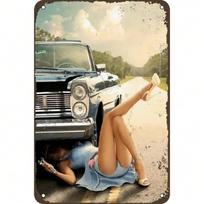 Vintažinis metalinis pin-up merginos automobilio skardinis ženklas Seksualus sienos meno dekoras namų svetainei, miegamajam, vyriškam kampeliui 20x30cm（7.8x11.8inch） beige