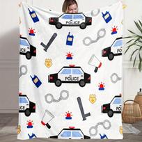 Cartoon Police Car Throw Blanket, Handcuff Badge Walkie?talkie Print Soft Warm Flannel Blanket Bedroom Sofa Cover 75cm*90cm white