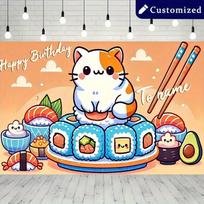Sushi Cat Birthday Backdrop, Kawaii Anime Background Cloth, Party Decor 47.2x31.5inch/120*80cm white