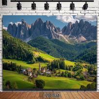2D Nature Landscape Wall Tapestry - Dolomites Val di Funes Village Backdrop for Bedroom & Living Room 47.2x31.5inch/120*80cm gray