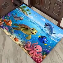 Ocean Life Print Doormat, Non-Slip Entrance Floor Mat with Sea Turtle, Dolphin & Octopus Design, Indoor Rug for Sea Lovers 40x60cm( 15x23in ) blue