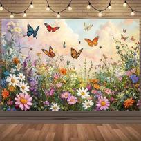 Wildflower Meadow Monarch Butterflies Flying Spring Garden Tapestry Botanical Wall Art Living Room Decor Romantic Nature Scenery 100X70CM beige
