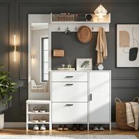 Coat Rack for the Entryway, Includes Shoe Cabinet, Mirror and Coat Hooks, Multifunctional with Shoe-changing Bench, White, 140x30x200cm 140 x 30 x 200 cm balta