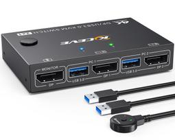 Kvm jungiklis Dp 2 Pc 1 Monitorius 4k 144hz, 8k 30hz, 4x Usb 3.0