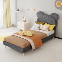 Upholstered Bed with Cartoon-Themed Headboard, 90x200 cm, Grey, Low-Profile Non-Storage Base (Without Gas Lift), Mattress Not Included. 200 x 90 x 133 cm pilka