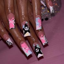 24Pcs Halloween Press On Nails Long Coffin French Fake Nails Cute Ghost Heart Cross Star Design Sweet Cool False Nails brown