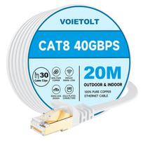 Voietolt Cat8 Lan kabelis, 20 m, su spaustukais, 40Gbps/2000 Mhz plokščias ekranuotas didelės spartos tinklo kabelis, Stp Rj45 Gigabit Cat-8 Ethernet kabelis, skirtas Ps4/5, modemui, maršrutizatoriui (baltas)