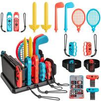 Tendak 16-in-1 switch sporto priedų rinkinys, skirtas nintendo switch/switch oled, switch sporto žaidimų priedų rinkinys su golfo lazda/badmintono teniso rakečių/riešo juostų/kojos dirželiu/kardu/bokso rankenomis/organizuojančiu stovu