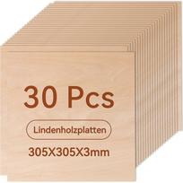 Pagrindinė plokštė Faneros lakštas 3 mm 305 x 305 mm 30 vnt. liepos medienos plokštė, pjaustoma pagal matmenis, neapdorota mediena rankdarbiams, modelių gamybai, pjovimui lazeriu, graviravimui lazeriu, deginimui, dažymui, Cnc