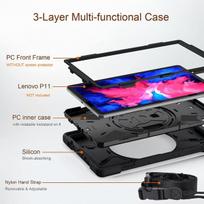 Fonrest tvirtas apsauginis dėklas, skirtas Lenovo Tab P11/p11-plus/p11-5g (tb-j606f/j607f/j616f/j607z), 11 colių hibridinis dėklas su stovu, rankena, pečių dirželiu, pc + silikoninis korpuso dangtelis (juodas)