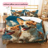 Corgi and Grassland Pattern Bedding Home Decoration Birthday Gift (1 * duvet cover + 2 * pillowcase, without core) 135x200cm blue