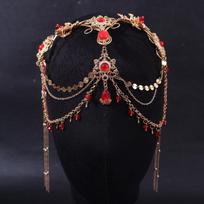 Red Purple Drop Crystal Long Chain Antique Exotic Ethnic Bride Wedding Headwear Hair Accessories for Women Handmade Hair Jewelry raudona