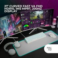 Monitorius Mars Gaming Mv-27c, lenktas 27 colių Fhd 1080p 200hz žaidimų monitorius, Hdr10 1ms, Freesync, G-sync, berėmis monitorius, pakreipimas 20°, mažai mėlynos šviesos, be mirgėjimo, Hdmi + Displayport + 3.5 mm lizdas, baltas