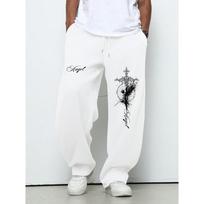 Men's Casual Straight Leg Pants with Angel Print Sports Pants Loose Fit Wide Leg Pants Hip Hop Style L black