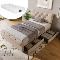 (=111297AAN) Upholstered bed 90x200cm, bed frame with 2 drawers and height-adjustable headboard, Chesterfield functional bed, Natural, with mattress 225 x 98 x 110 cm natūrali