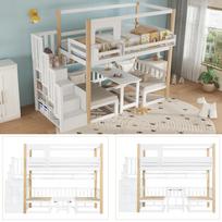 Bunk Bed, Height-Adjustable Table, with a Small Bookshelf at the Bed Edge, Sturdy Storage Staircase, Pine + MDF + Plywood, White+Natural, 90x200cm 254.5 x 105 x 181 cm