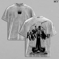 Zaraki Kenpachi BLEACH T-shirt Manga Vintage Washed T Shirt Men Women Clothing Summer Oversized Short Sleeve Polyester Tees Clothes S gray
