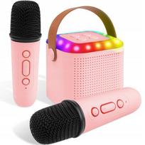 Mini karaoke aparatas su 2 belaidžiais mikrofonais vaikams/suaugusiems, rožinis