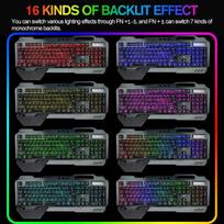 Belaidė žaidimų klaviatūra ir pelė bei ausinių komplektas, 4 viename. 16 rgb apšvietimo įkraunama klaviatūra su riešo atrama, 7 žaidimų pelė su apšvietimu ir rgb bluetooth ausinės