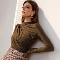 Autumn Women Long Sleeve Elastic Pure Color Going Out Tops Ruched Fashion Elegant Softy Slim Crop Top S kava