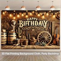 Western Cowboy Birthday Tapestry, Rustic Cactus and Wagon Wheel Design with Happy Birthday Sign,Wall Decor for Party and Home 100X70CM brown