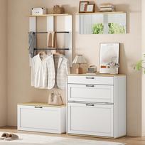 Coat Rack Set, Drawer, Mirror, Shoe Cabinet with Shoe Bench, Can Be Combined, Suitable for Entryway, Living Room, White + Wood Tone, 156x36x176cm 156 x 36 x 176 cm