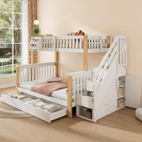 Children's Bunk Bed, Multifunctional Bed with Storage Basket, with Drawer, Stair Cabinet, Storage Cabinet, without Mattress, White + Natural Color