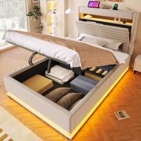 Upholstered Bed, 90x200cm, USB Type-C Charging, LED Lighting, Hydraulic Storage, Flip-top Compartment, No Mattress, Button/App Control, Linen, Beige 218 x 92.5 x 113 cm smėlis