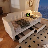 Upholstered Bed 90x200 cm with USB Type-C Reading Light, Daybed with 2 Drawers, Frame with Slatted Base made of Wood, Velvet, Beige (Without Mattress) 217 x 99 x 76 cm smėlis