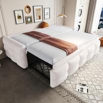 Apmuštas lovos ištraukiamasis miegamasis sofa 90/180*190cm, Pufas lova, Teddy veliūro audinys, Su grotelėmis, Daugiafunkcionalė lova, Smėlio spalvos (Be čiužinio) 210 x 103 x 46.5 cm smėlis