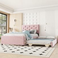 Upholstered Bed, 90x200cm, Bed with Slatted Frame (without Mattress), Bed with Rolling Container, Velvet, Minimalist, Pink 209 x 105 x 104 cm rožinė
