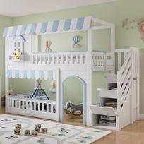 Bunk Bed, Children's Bed, With Stair Storage Cabinet, Windows and Decorative Details, Stable Slatted Frame, Pine + MDF + Plywood, White+Blue, 90x200cm 252.5 x 104 x 170 cm