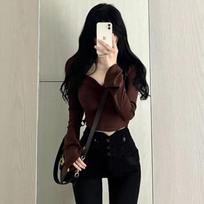 Womens Long Sleeve Slim Fit Pure Color T-Shirt With Polo Collar A-Line Cut Casual Top Dating Streetwear S Recommended 110-150 lbs ruda