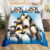 Carton Penguin Family Soft Duvet Cover Ful Quen,Watercolor Aurora Neon Beding Set,Adorable Lovely Wildlife Mountain Print Warm Comforter Cover 135*200cm Eu-Single blue