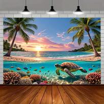 2D Flat Sea Turtle Swimming Beach Sunset Palm Tree Split View Ocean Tapestry Marine Wildlife Wall Art Summer Vacation Decor 100X70CM beige