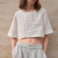 Premium sense pure linen T-shirt women's loose round neck medium sleeve summer European and American open button top French commuter short sleeve t S balta