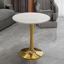 27.6-Inch golden coffee table, mid-century modern dining table, suitable for 2-4 people, featuring round marble tabletop with white veined finish. 70 x 70 x 72 cm