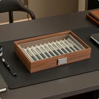 Pen Display Box with Glass Lid Walnut Finish 12Slot for Collectors, Desk, Home gray