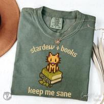 CUSTOM Stardew Cat Shirt, Books and Stardew Valley Shirt, Personalized Gamer Girl Shirt, SDV Animal Tee, Reading and Star Dew Gift Bookish L gray