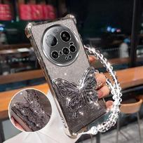 Atsparus smūgiams Blizgantis dengtas dėklas Xiaomi 15 Ultra 14 14T 13 12 11 Pro Lite, 3D drugelio telefono laikiklis, karoliukų apyrankė, galinis dangtelis Xiaomi 11 violetinė