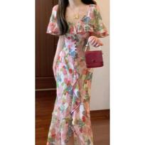 [Flora] French romantic elegant ruffle edge cloak collar floral dress waist temperament long dress s recommended 40-47.5kg gray