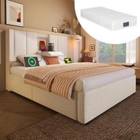 Upholstered Bed 90x200 cm Single with Hidden Cup Holder & Charging Station, Hydraulic with Storage Under the Bed, Linen Beige (With Mattress) 217 x 93 x 115 cm