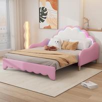 140*200cm Sofa-lova, transformuojama į miegamąją vietą, Galvūgalis su bėgančia šviesa, Rožinė 206.5 x 151 x 99 cm rožinė
