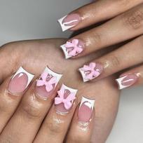 Press On Nails Solid Color French Style Bowknot Decor Sweet False Nails For Women 1PC rožinė