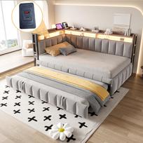 Upholstered sofa bed 90x200cm, pull-out bed, LED lighting and storage compartments at head and foot, USB and Type-C ports. Velvet fabric Light Grey 211.5 x 101.5 x 90 cm