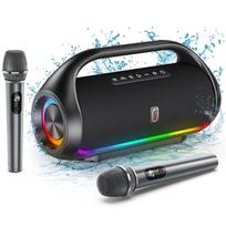 Nešiojama Bluetooth kolonėlė su 2 belaidžiais mikrofonais, IPX5 atspari vandeniui kolonėlė su giliais bosais ir LED apšvietimu