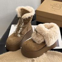 Fur Ankle Women Snow Boots Flats Platform Suede Lace Up Shoes Suede Sport Cotton Shoes  Comfort New  Dress Mujer Botas 40 gray