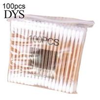 100 vnt. Vienkartiniai dvipusiai mediniai pagaliukai su medvilnės galiukais Grožio makiažo priemonė 100pcs beige