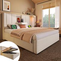 Upholstered Bed 90x200 cm Single with Hidden Cup Holder & Charging Station, Hydraulic with Storage Under the Bed, Linen Beige (Without Mattress) 217 x 93 x 115 cm smėlis